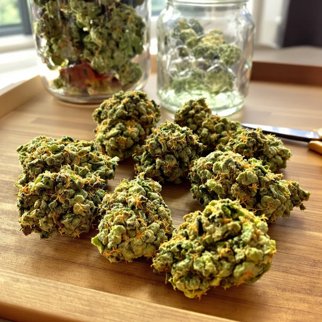 Kahuna 14% indica / 86% sativa flower with visible trichomes