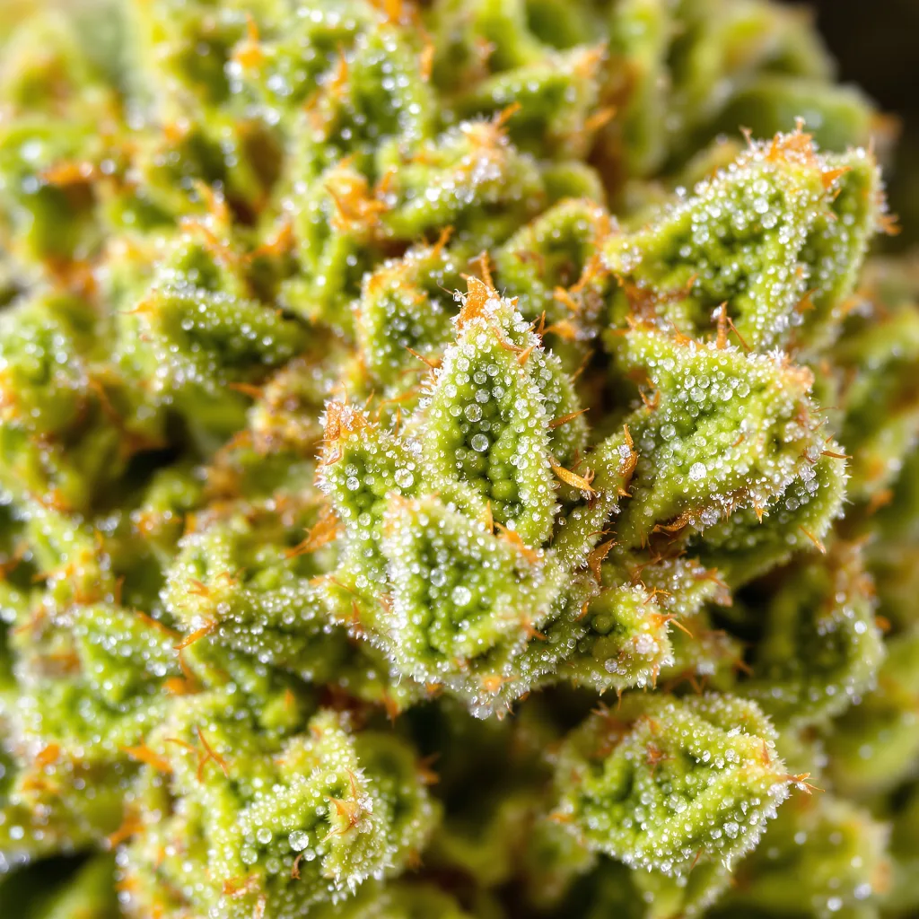 Kahuna cannabis bud close-up showing lime-green airy structure