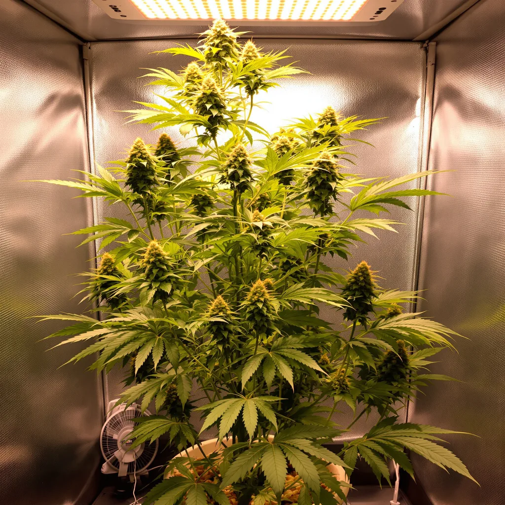 Kahuna 14% indica / 86% sativa flower with visible trichomes