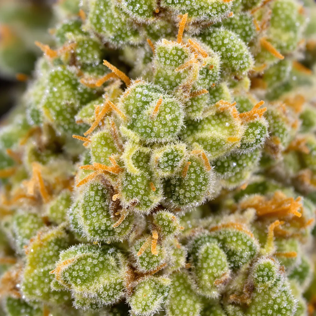 Kahuna cannabis bud close-up showing lime-green airy structure