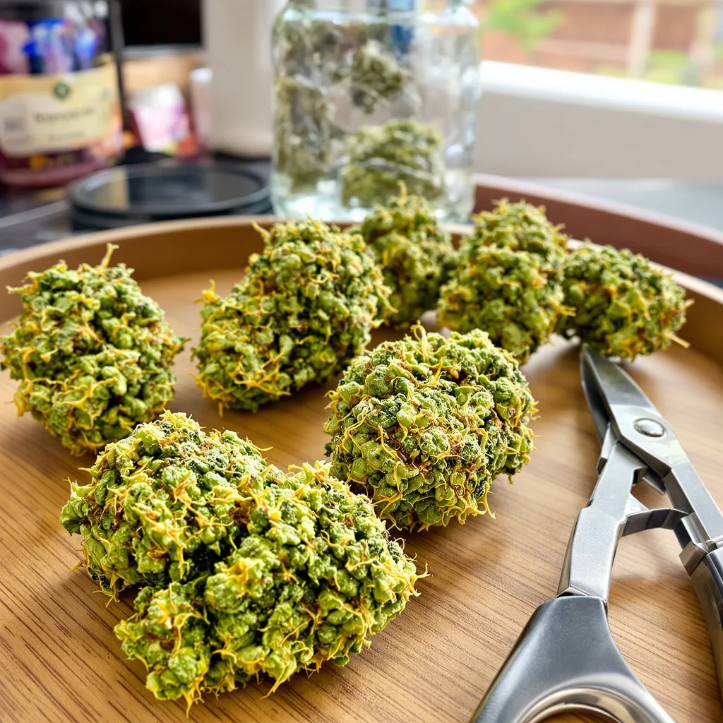 Kali Dog 17% indica / 83% sativa flower with visible trichomes