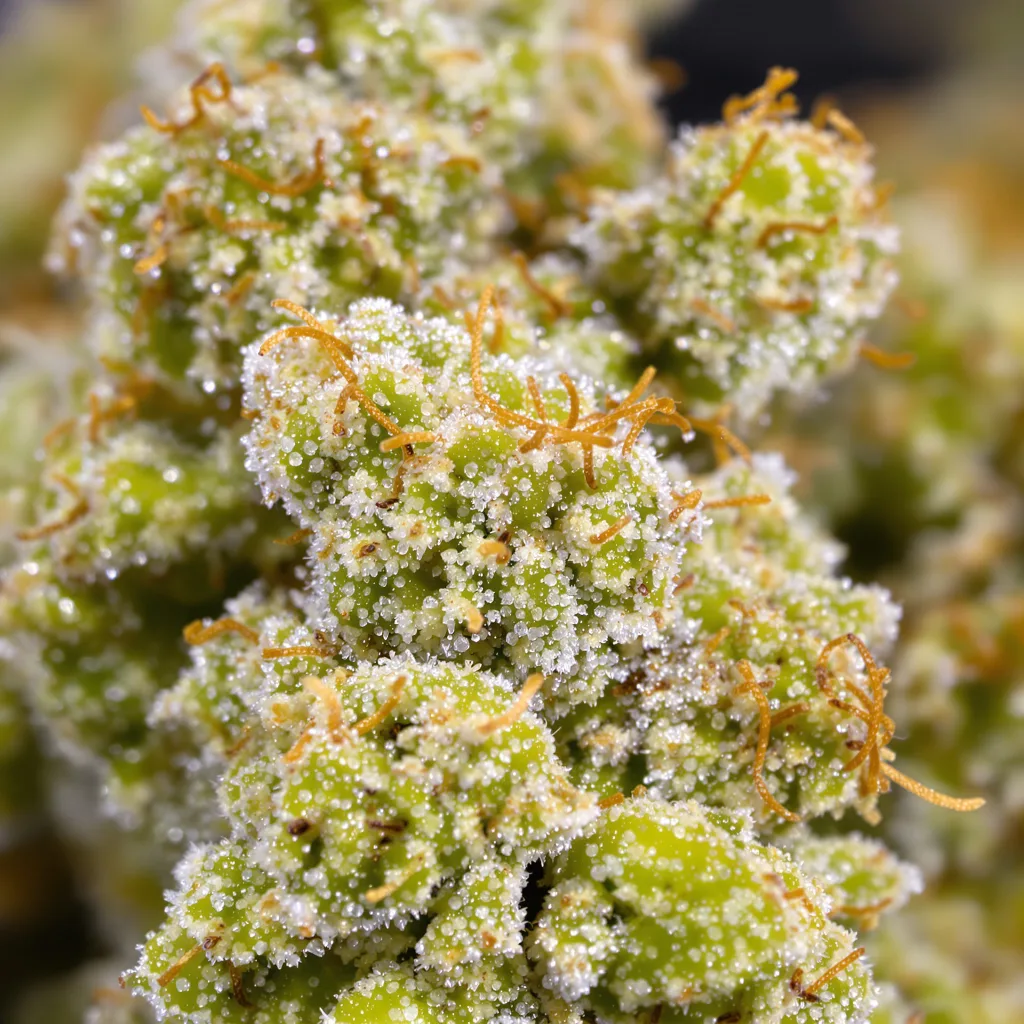 Kali Dog cannabis bud close-up showing lime-green airy structure