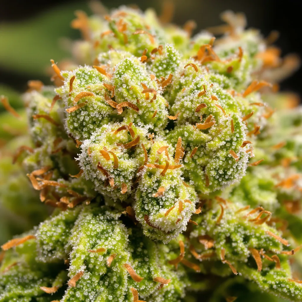 Kali Mist cannabis bud close-up showing lime-green airy structure