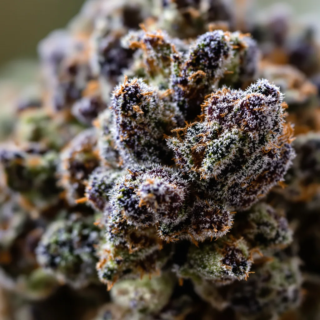 Kandahar cannabis bud close-up showing dense purple-tinged calyxes
