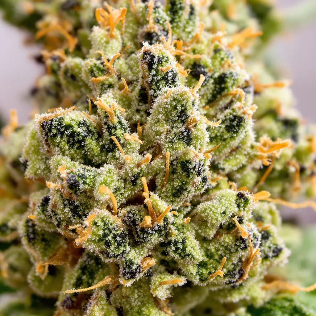 KC 33 cannabis bud close-up showing lime-green airy structure