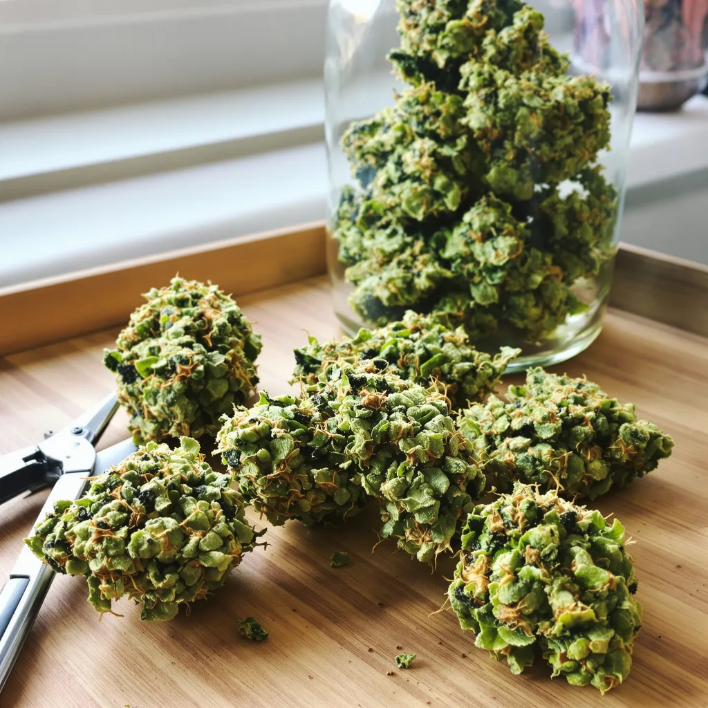 Key Lime Pie 25% indica / 75% sativa flower with visible trichomes