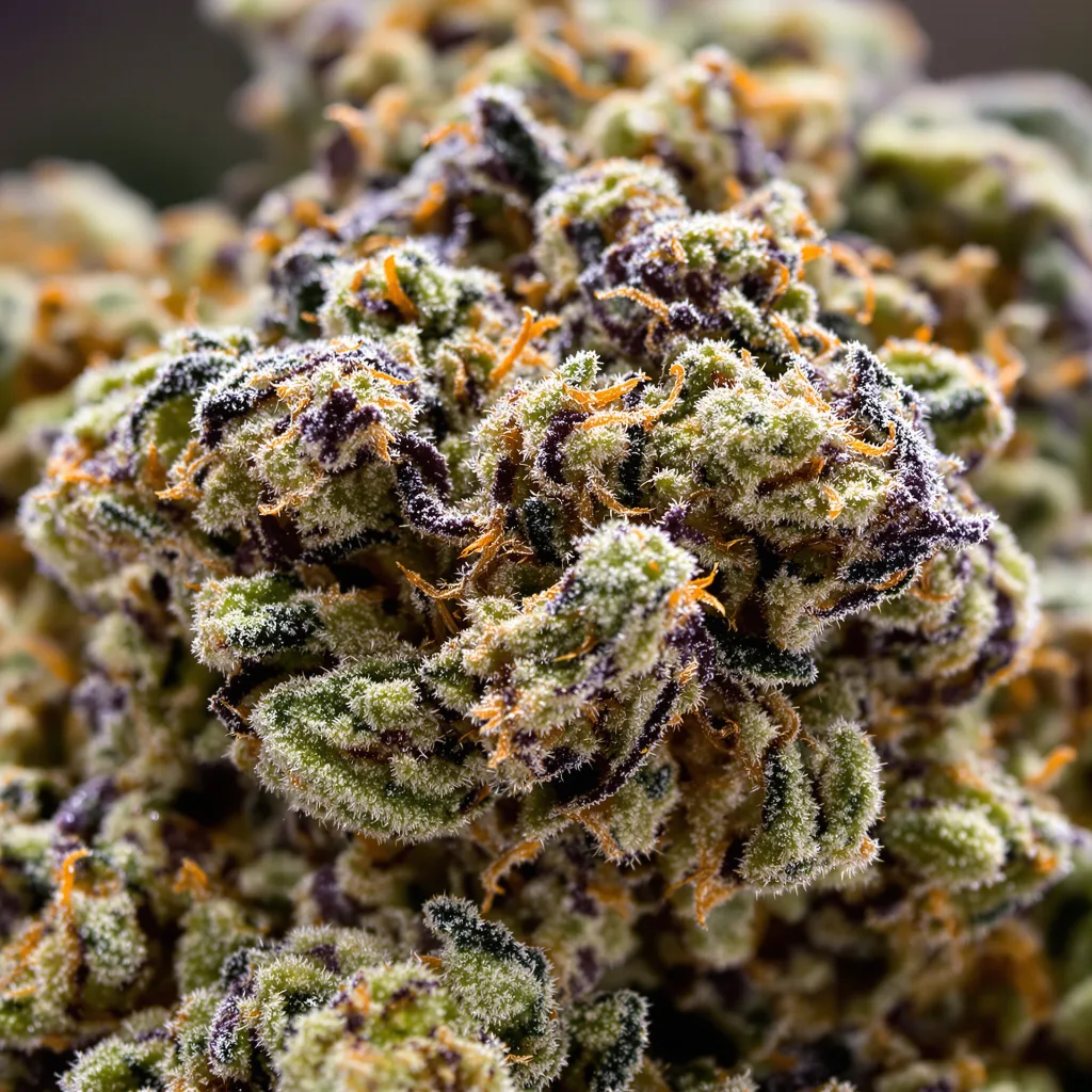 Khalifa Kush cannabis bud close-up showing dense purple-tinged calyxes