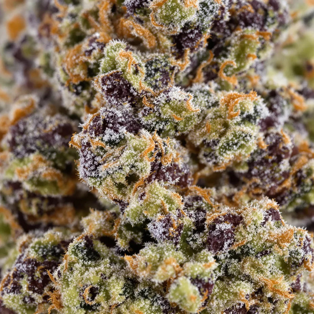 Khufu cannabis bud close-up showing dense purple-tinged calyxes