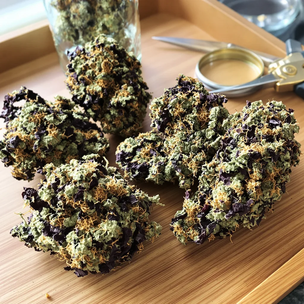 Killer 84% indica / 16% sativa flower with visible trichomes