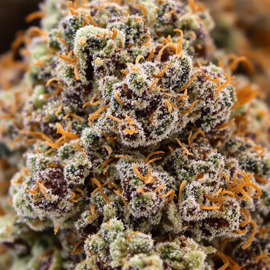 Killer cannabis bud close-up showing dense purple-tinged calyxes