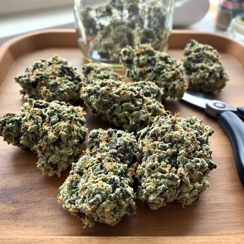Kiss 44% indica / 56% sativa flower with visible trichomes