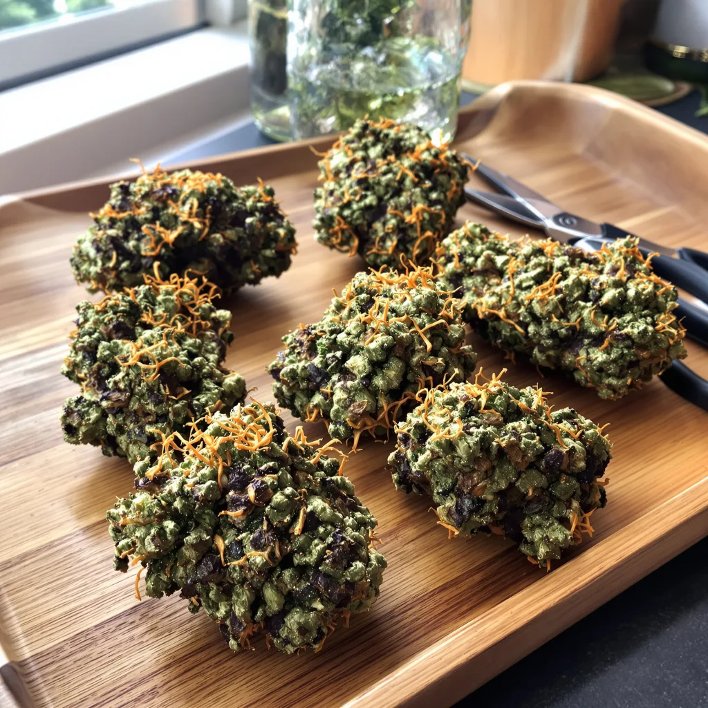 Kiwiskunk 69% indica / 31% sativa flower with visible trichomes