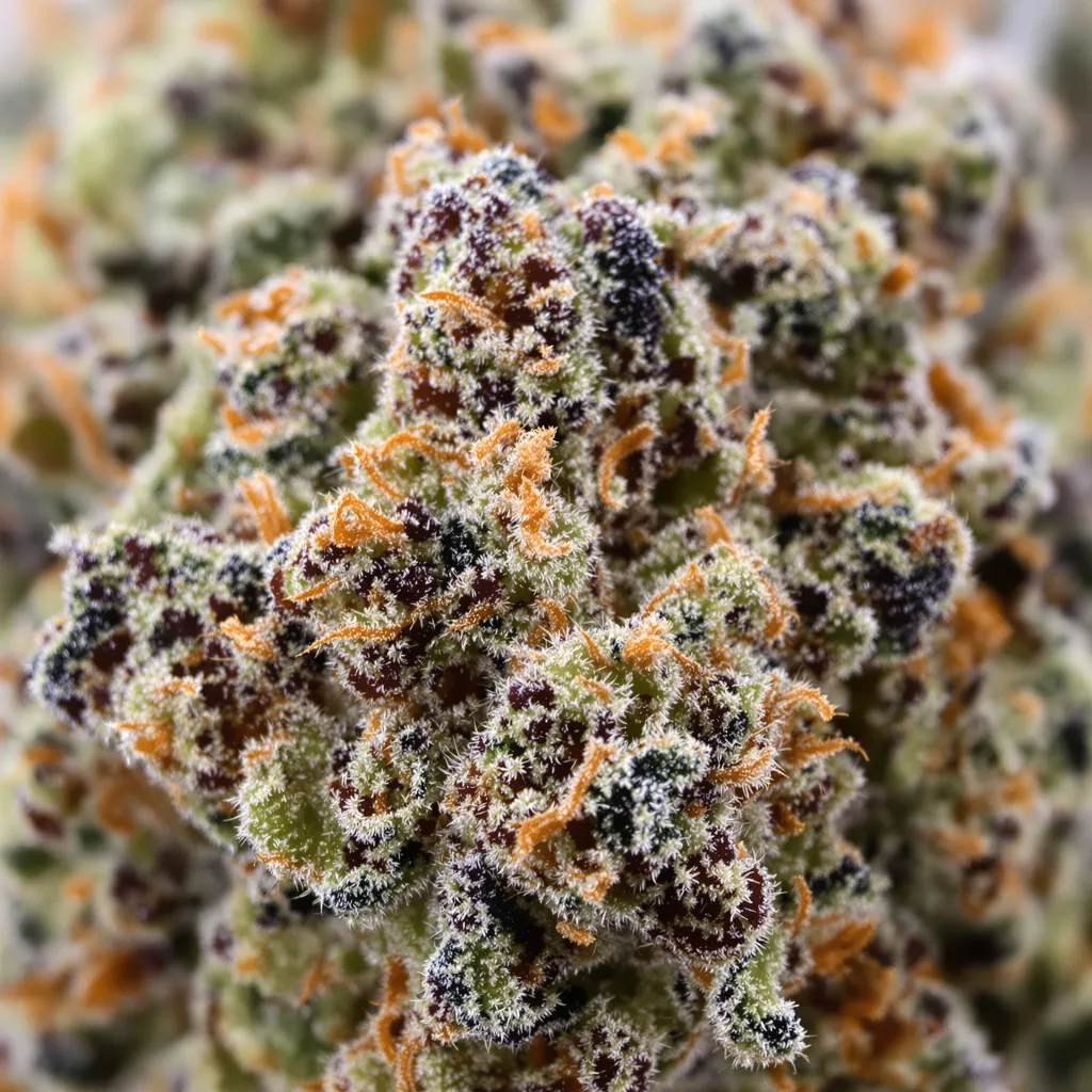 Kiwiskunk cannabis bud close-up showing dense purple-tinged calyxes