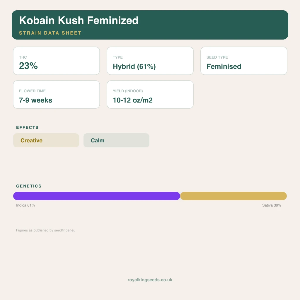 Kobain Kush 61% indica / 39% sativa flower with visible trichomes