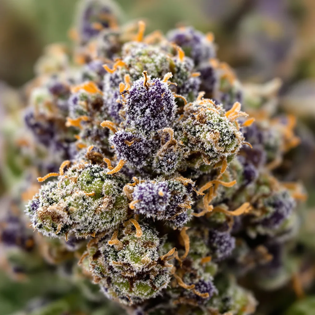 Kosher Kush cannabis bud close-up showing dense purple-tinged calyxes