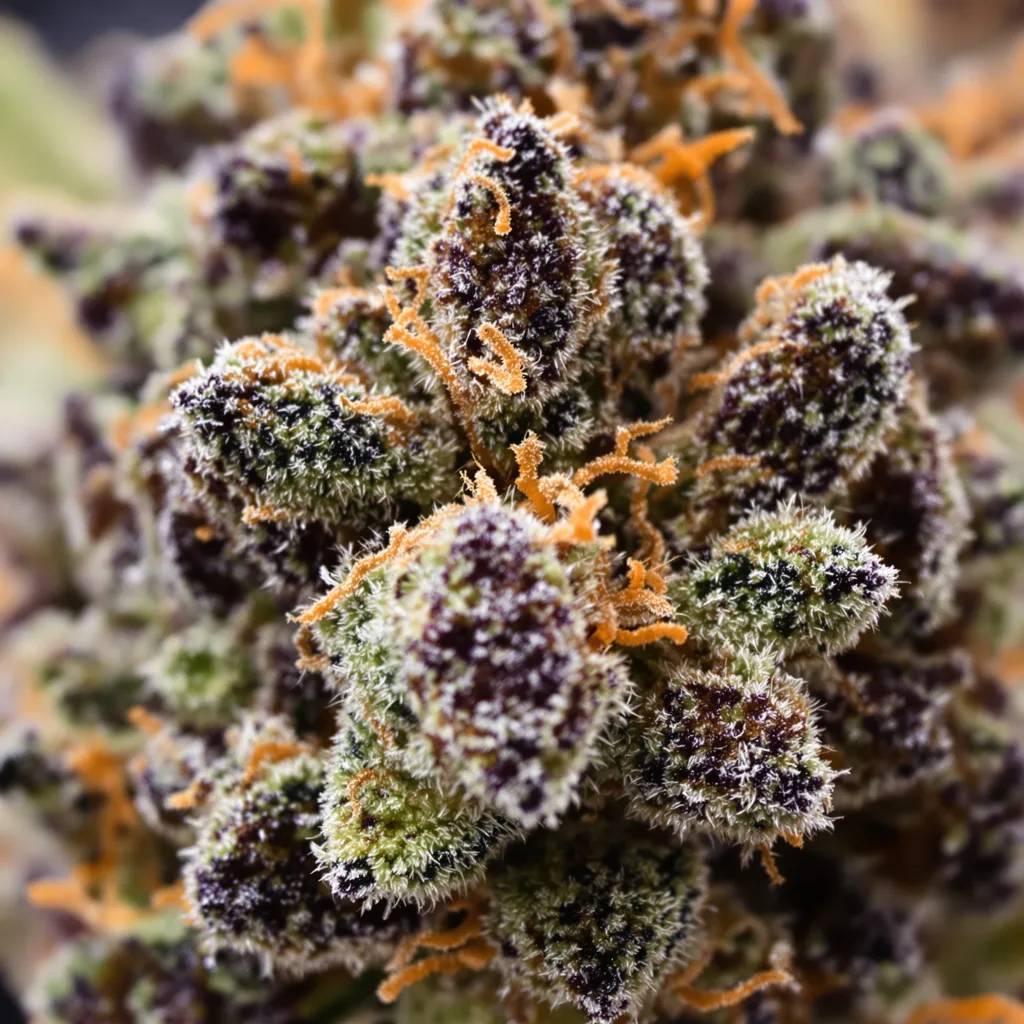 Kryptonite cannabis bud close-up showing dense purple-tinged calyxes