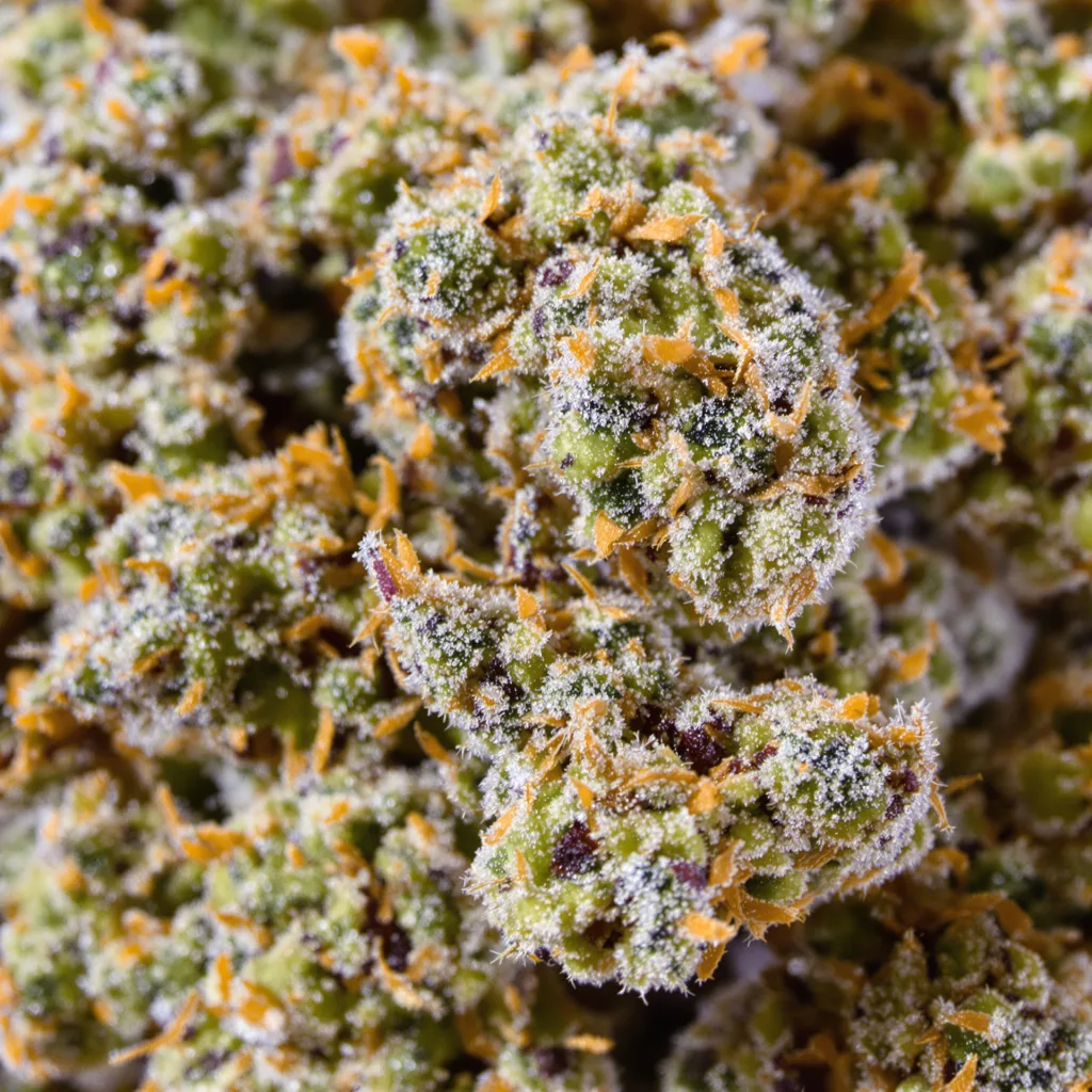 Kush Mints cannabis bud close-up showing balanced bud structure with frosted trichomes