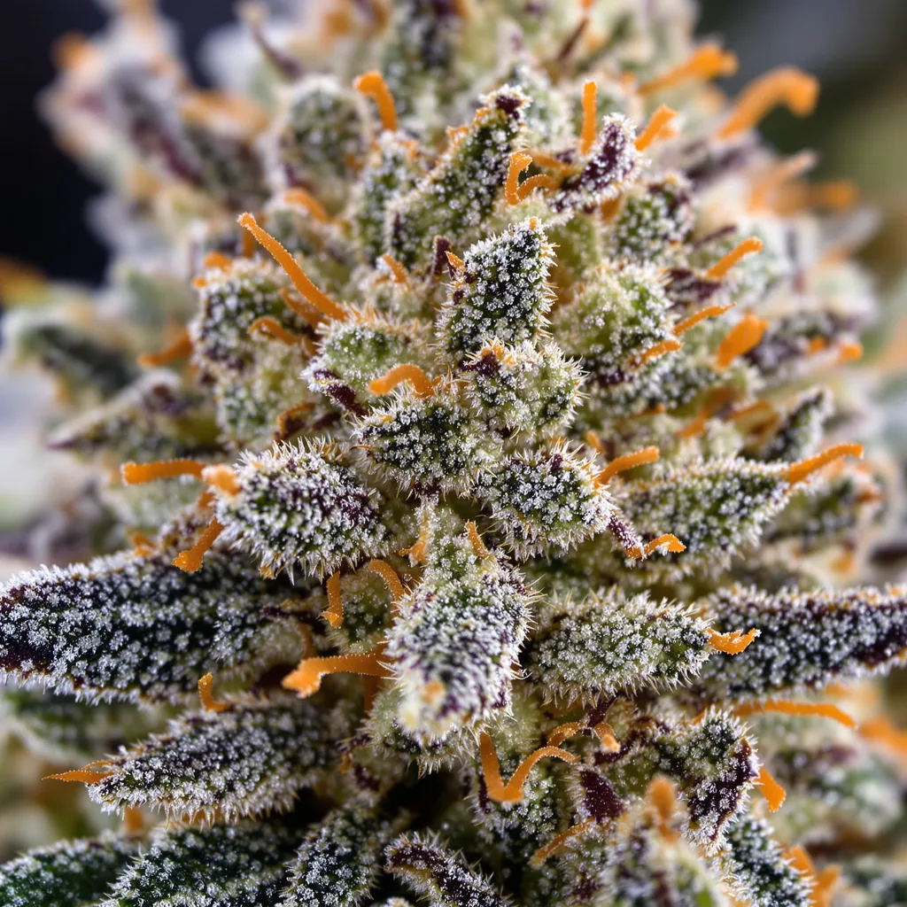 LA Confidential cannabis bud close-up showing balanced bud structure with frosted trichomes