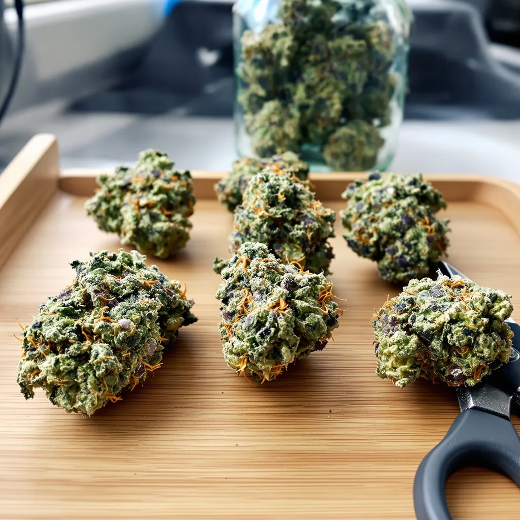 LA OG 39% indica / 61% sativa flower with visible trichomes