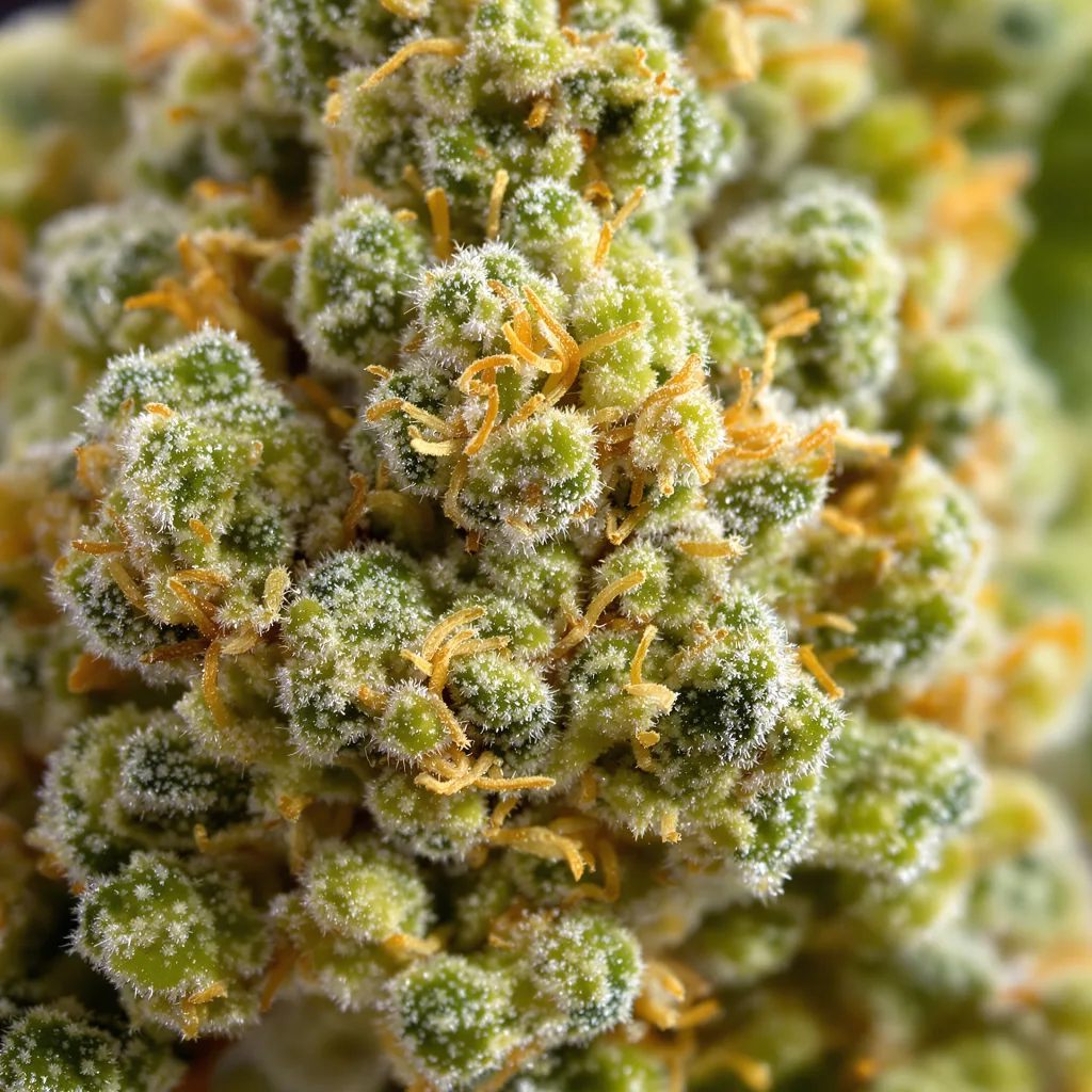 Lamb's Bread cannabis bud close-up showing lime-green airy structure