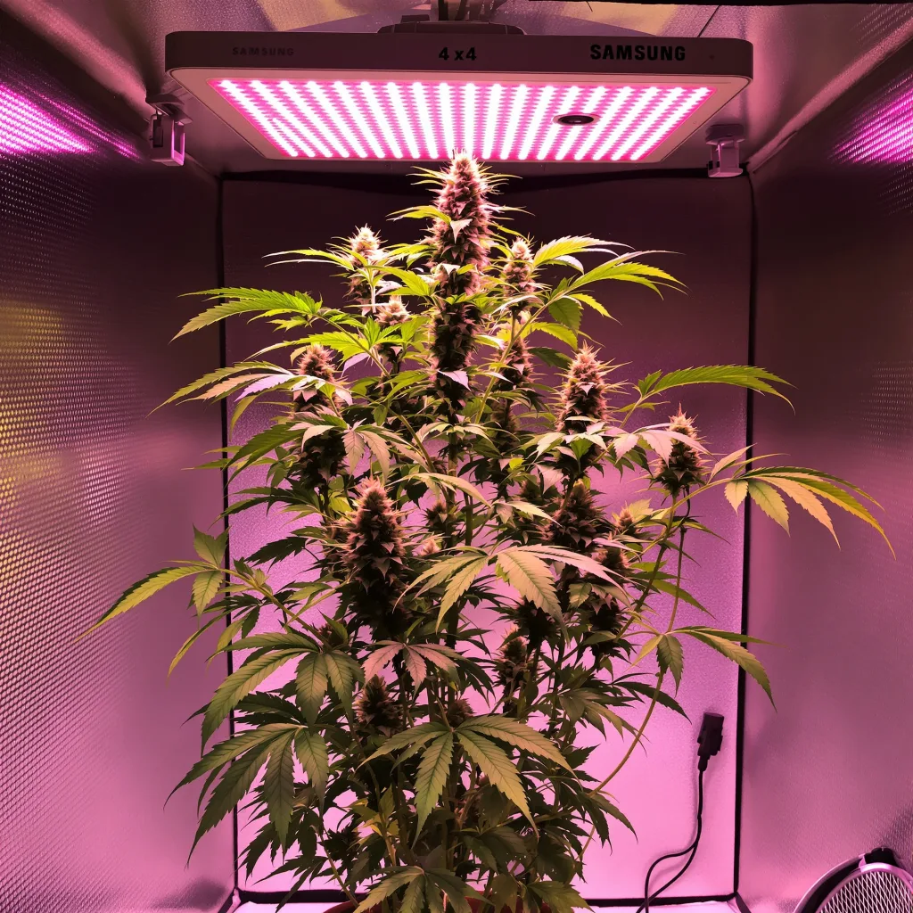 Lambo 7% indica / 93% sativa flower with visible trichomes