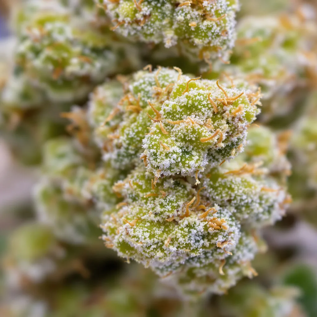 Lambo cannabis bud close-up showing lime-green airy structure
