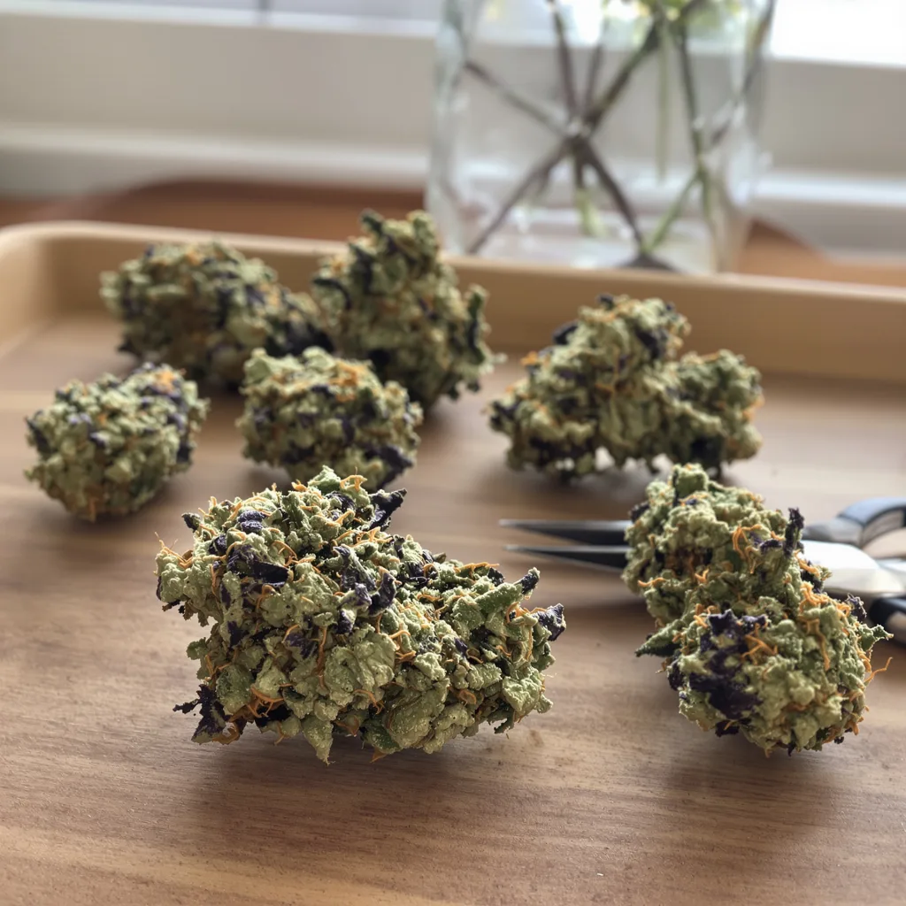 Lamborghini 48% indica / 52% sativa flower with visible trichomes