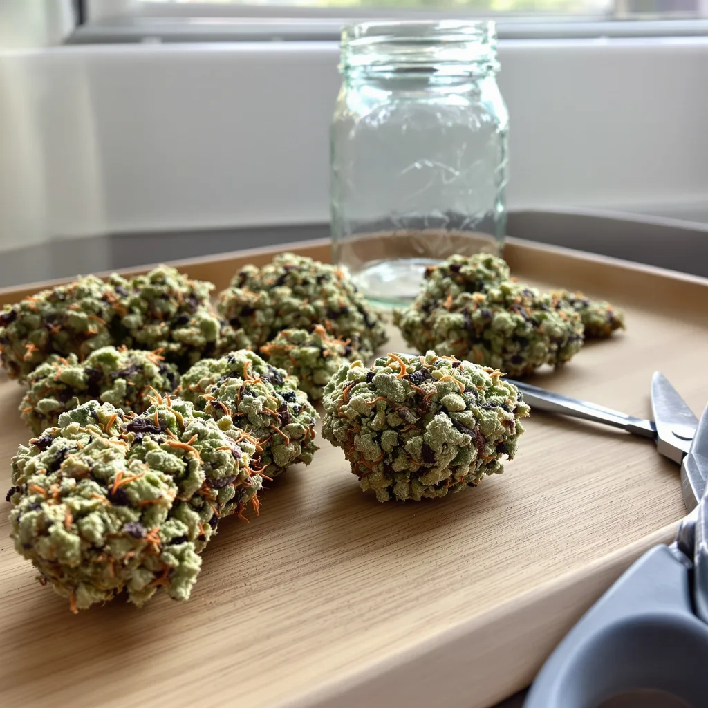Larry OG 56% indica / 44% sativa flower with visible trichomes