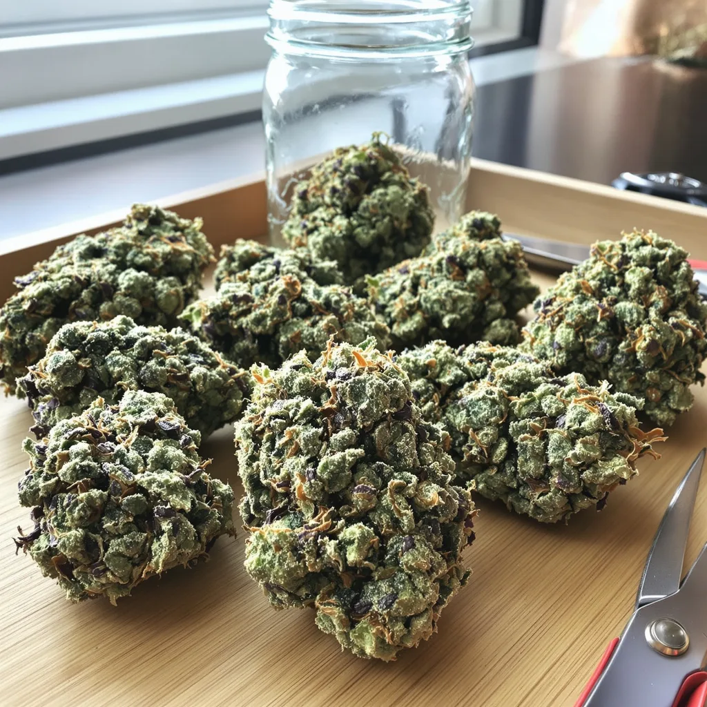 Larry OG 56% indica / 44% sativa flower with visible trichomes