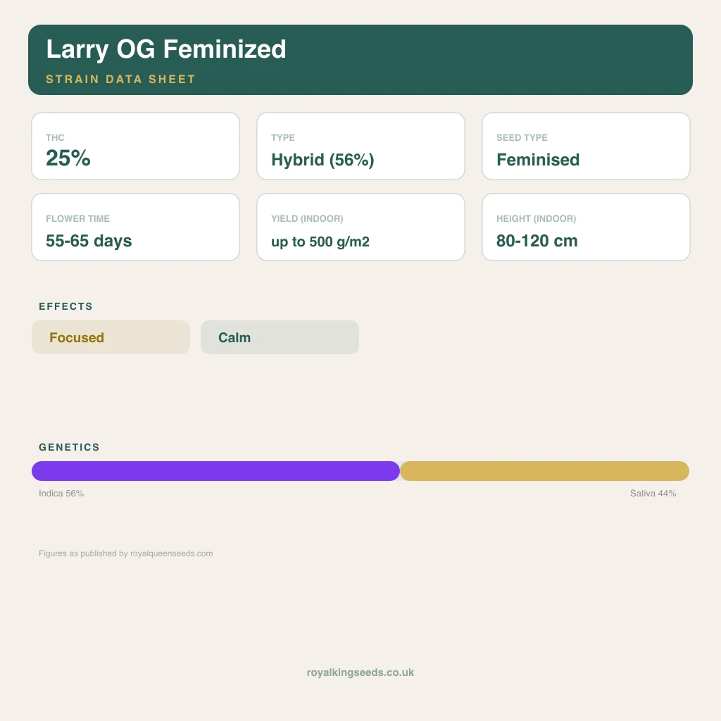 Larry OG 56% indica / 44% sativa flower with visible trichomes