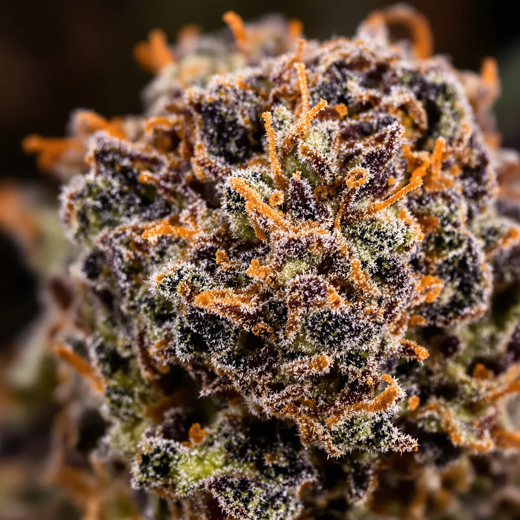 Lava Cake cannabis bud close-up showing dense purple-tinged calyxes
