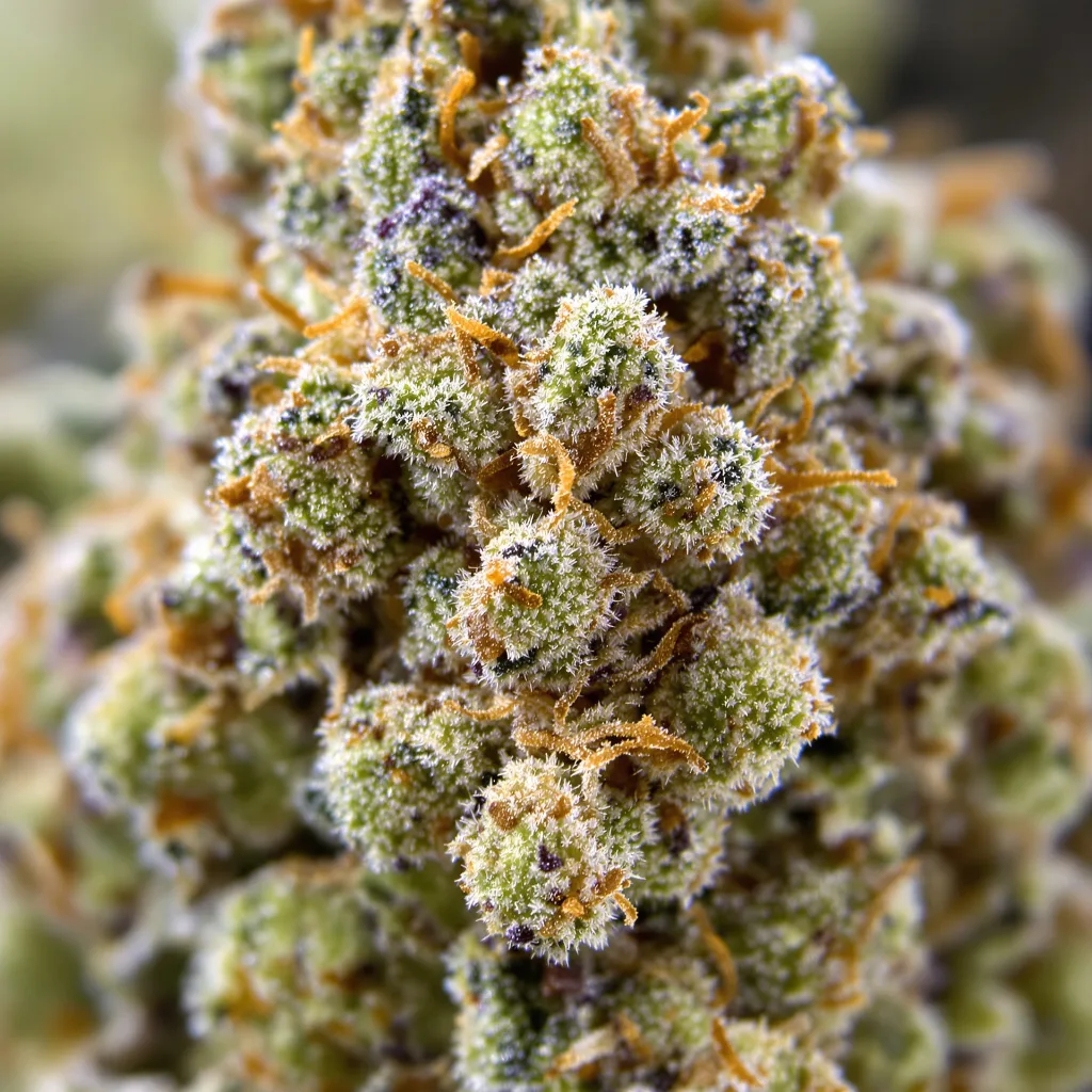 Lavender cannabis bud close-up showing balanced bud structure with frosted trichomes