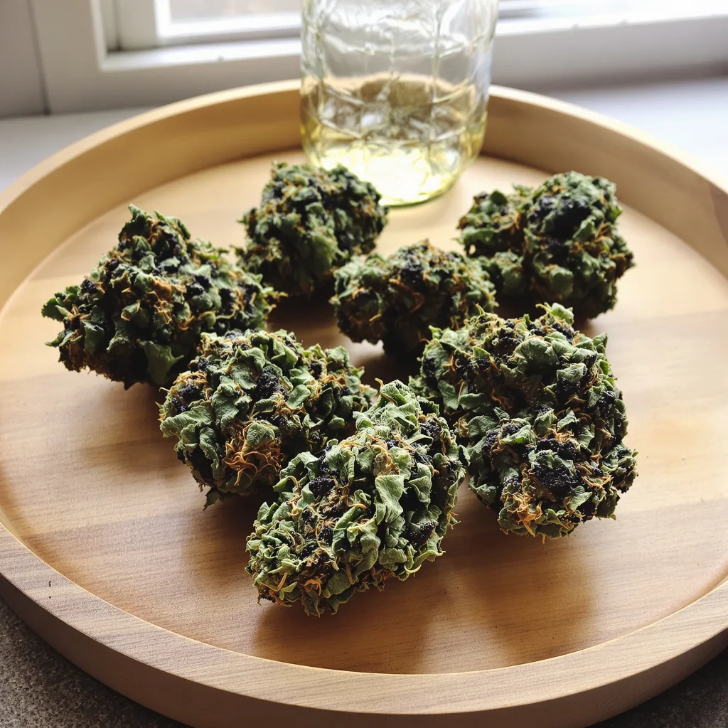 Lavender Jones 70% indica / 30% sativa flower with visible trichomes