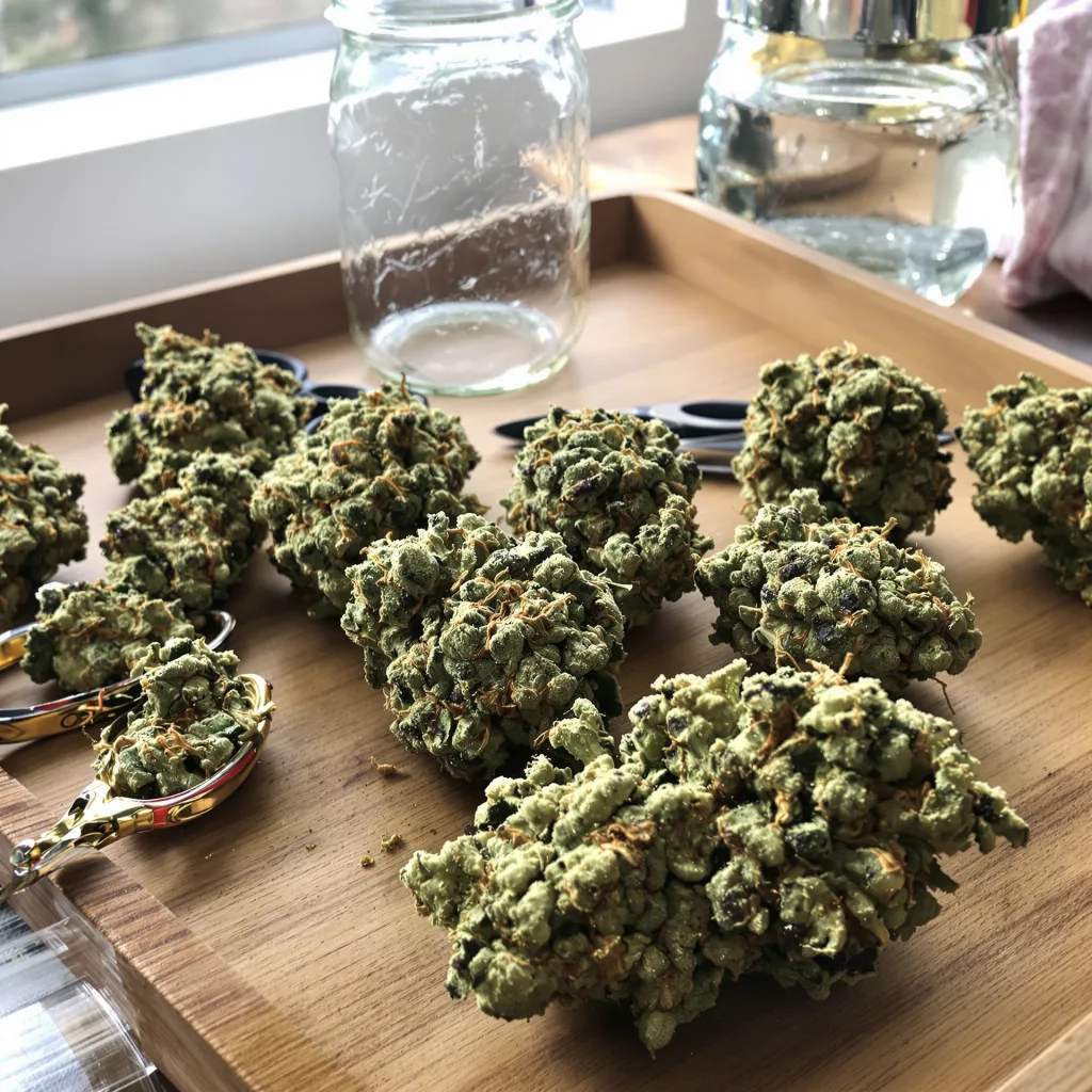 Le Silver Royale 54% indica / 46% sativa flower with visible trichomes
