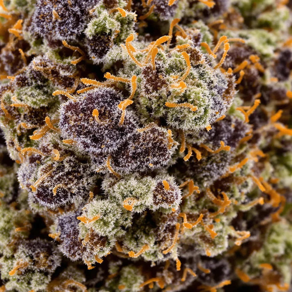 Lemon Crush cannabis bud close-up showing dense purple-tinged calyxes