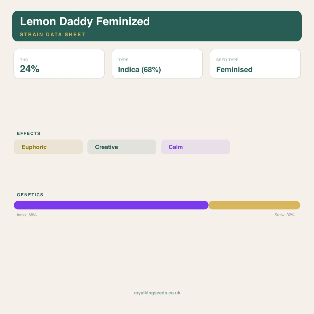 Lemon Daddy 68% indica / 32% sativa flower with visible trichomes