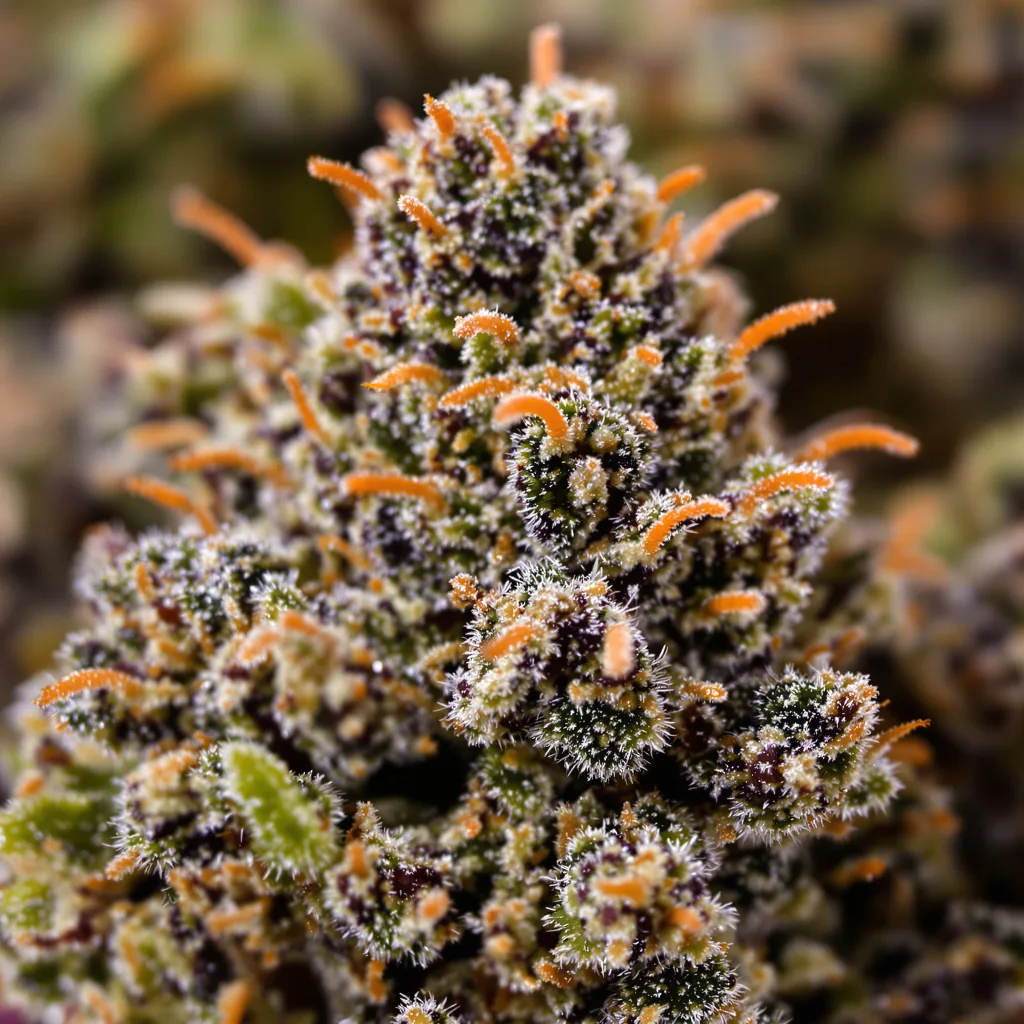 Lemon Daddy cannabis bud close-up showing dense purple-tinged calyxes