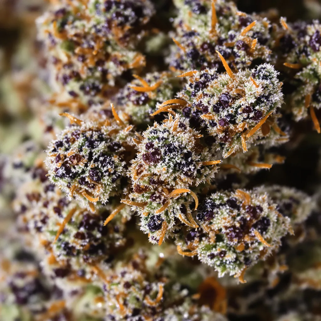 Lemon Drizzle cannabis bud close-up showing dense purple-tinged calyxes