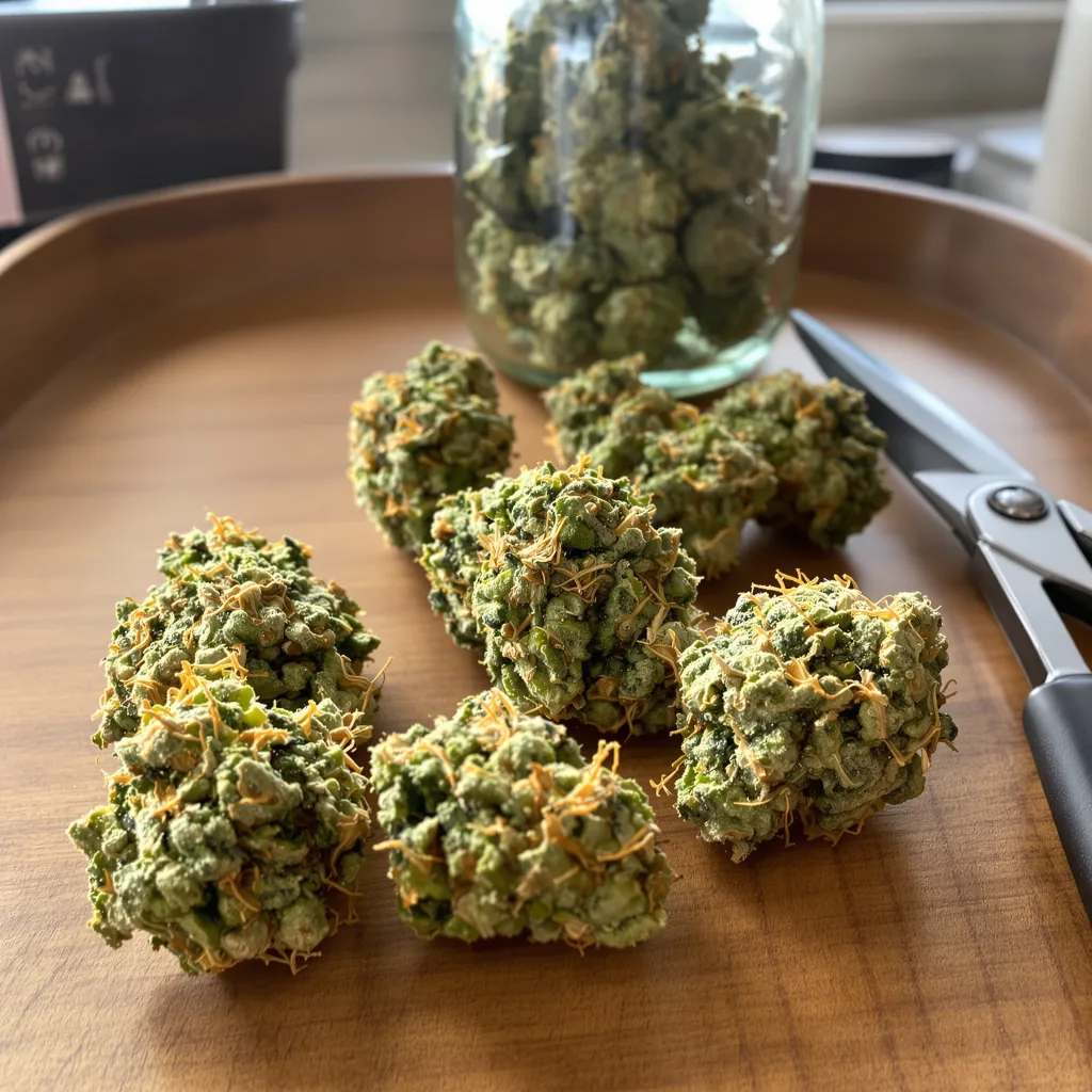 Lemon Fire 9% indica / 91% sativa flower with visible trichomes