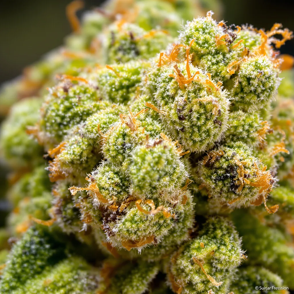 Lemon Fire cannabis bud close-up showing lime-green airy structure