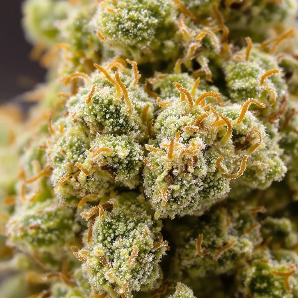 Lemon G cannabis bud close-up showing lime-green airy structure