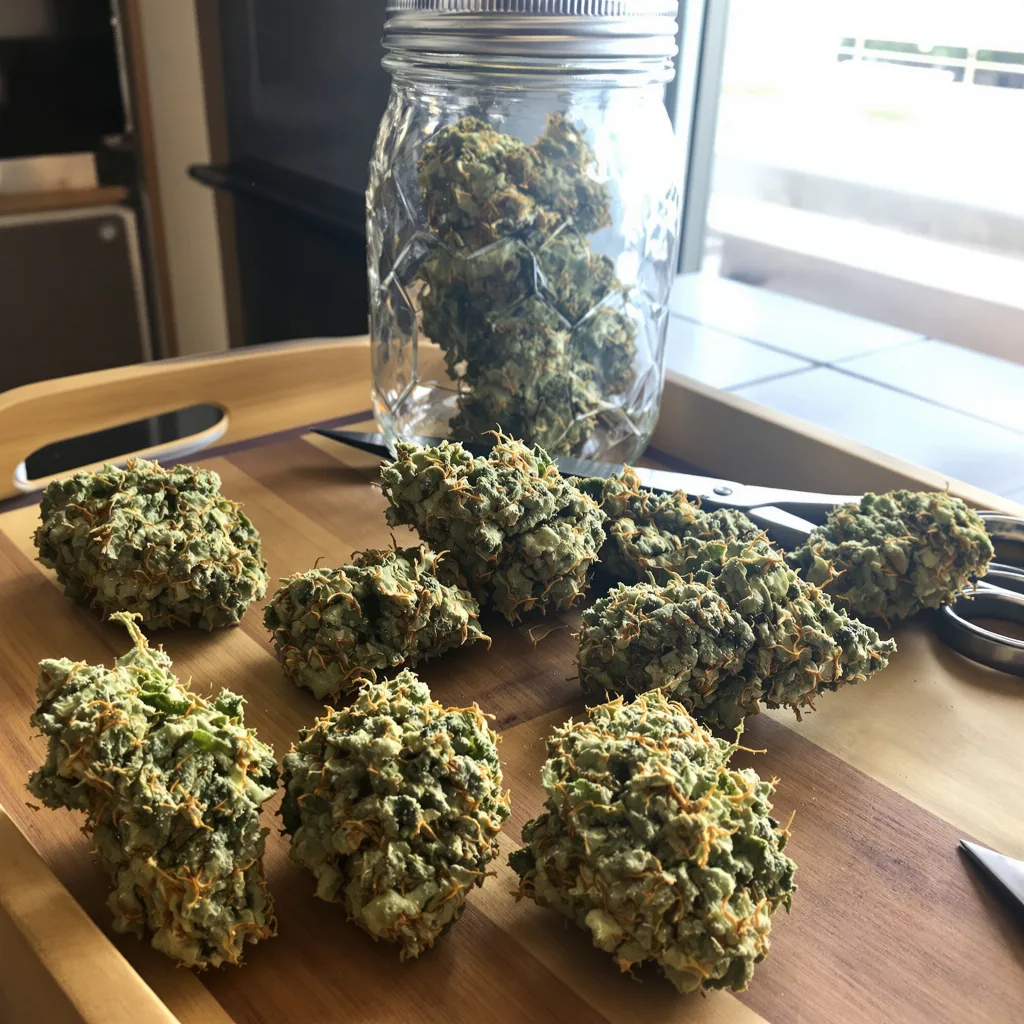 Lemon Haze 23% indica / 77% sativa flower with visible trichomes