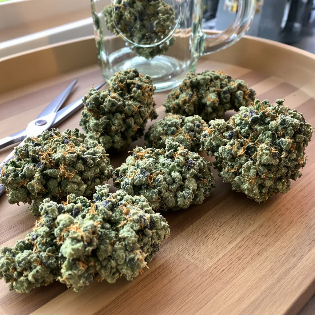 Lemon Kush 50% indica / 50% sativa flower with visible trichomes