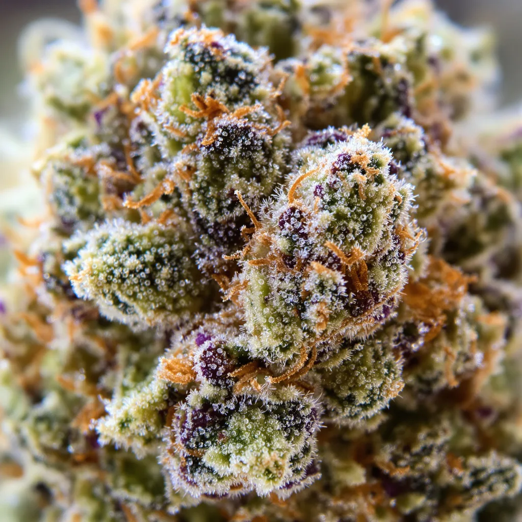 Lemon Skunk cannabis bud close-up showing open-bud structure with orange pistils