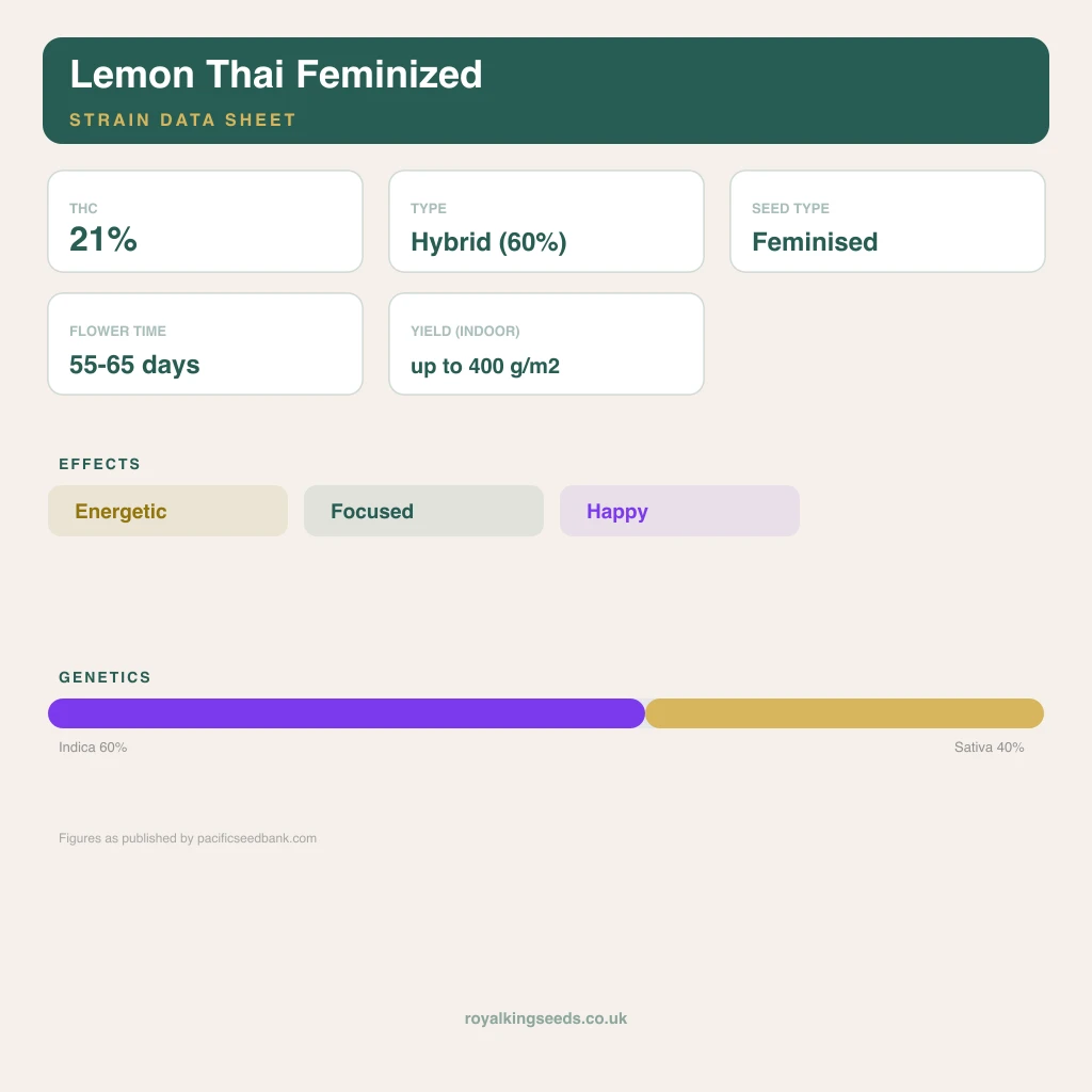 Lemon Thai 60% indica / 50% sativa flower with visible trichomes