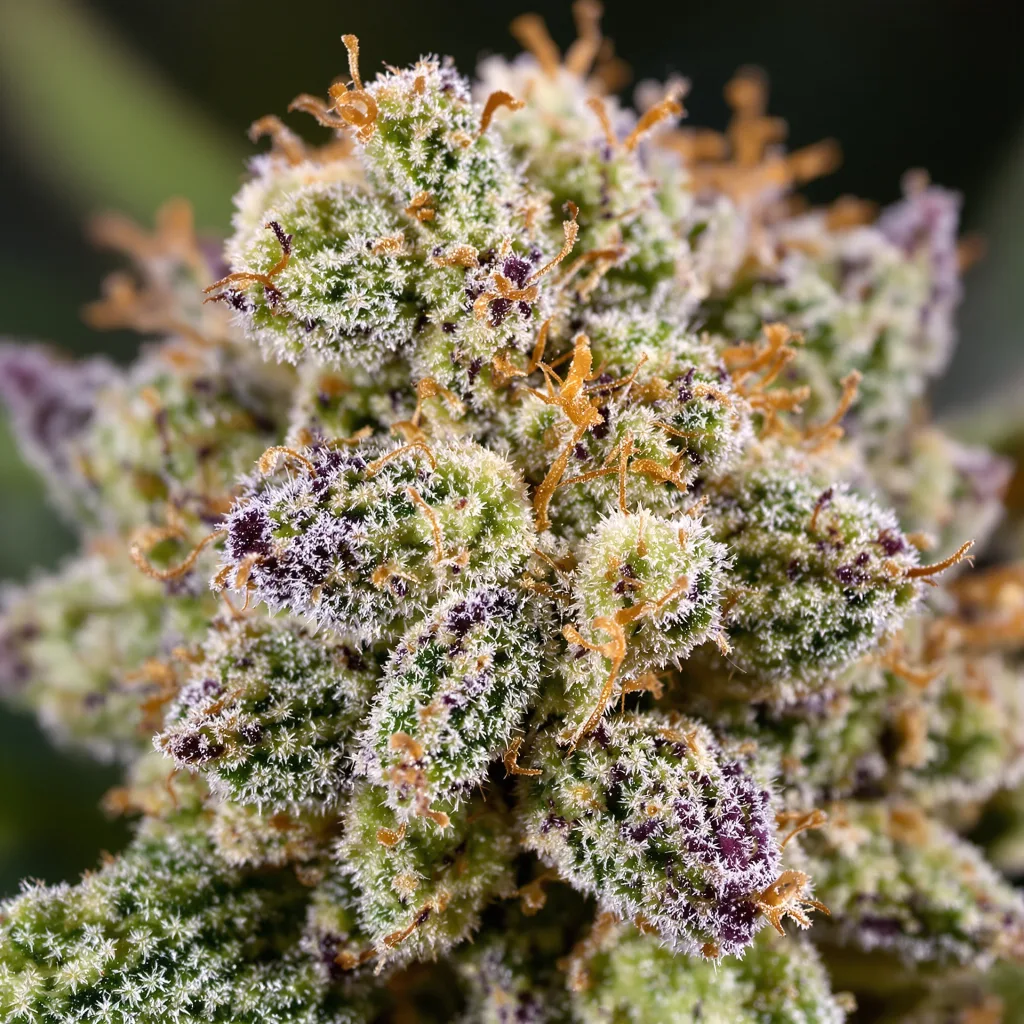 Lemon Thai cannabis bud close-up showing dense forest-green nugs