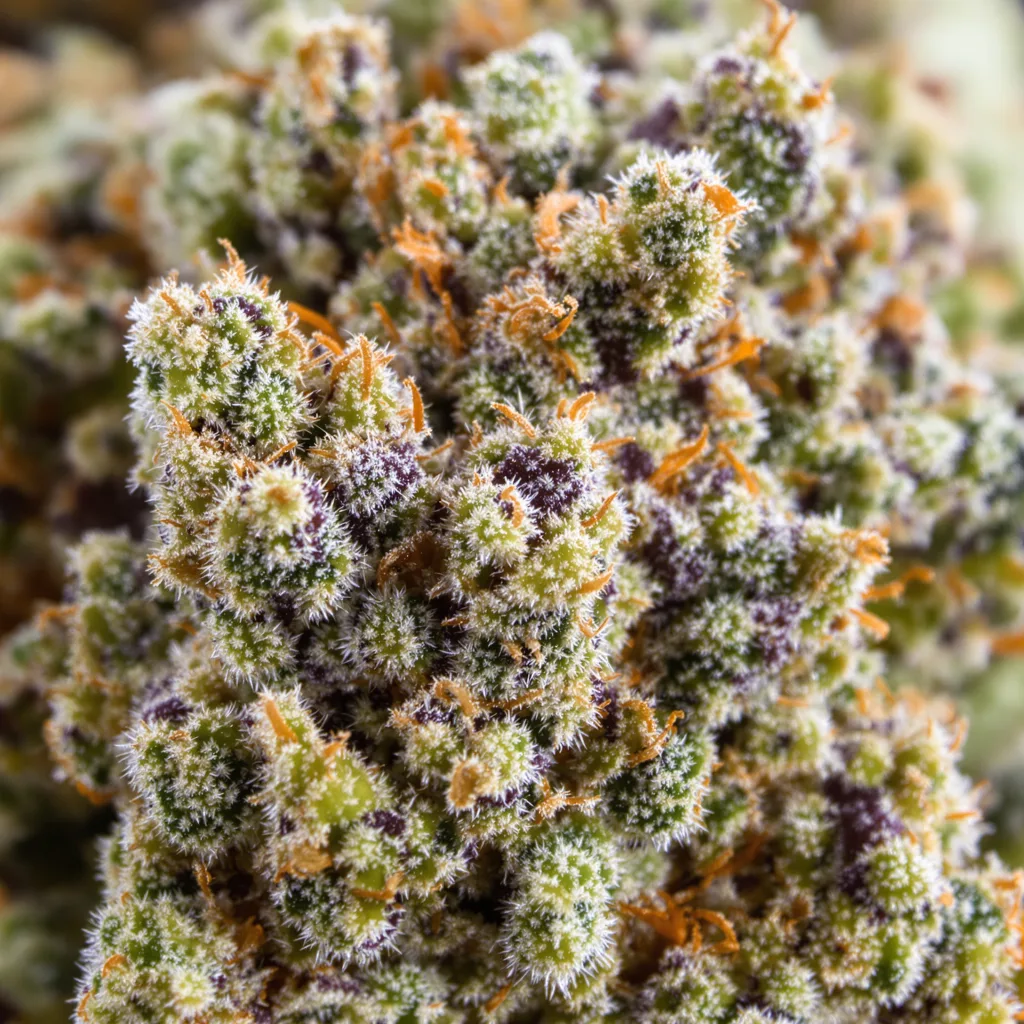 Lethal Purple cannabis bud close-up showing open-bud structure with orange pistils
