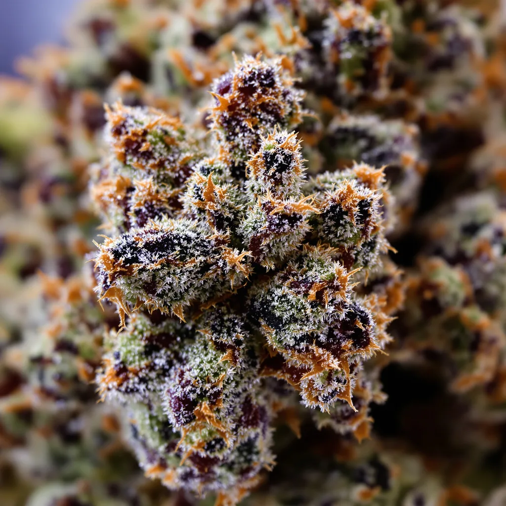 Liquid Butter cannabis bud close-up showing dense purple-tinged calyxes