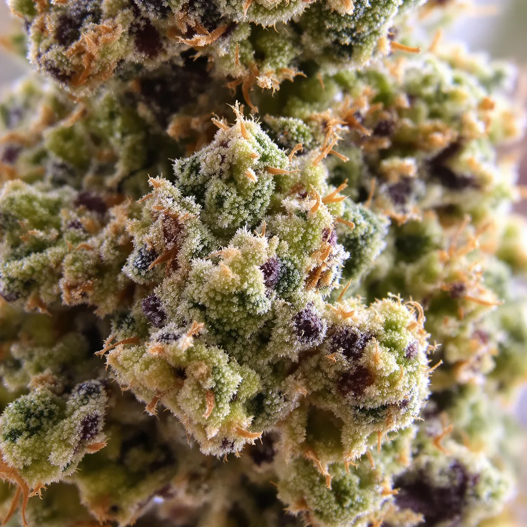 Lowryder cannabis bud close-up showing balanced bud structure with frosted trichomes