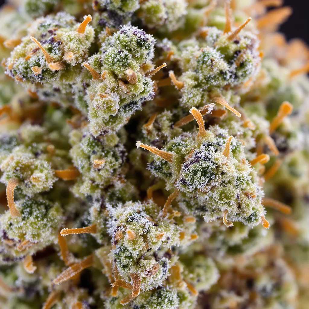 LSD cannabis bud close-up showing balanced bud structure with frosted trichomes